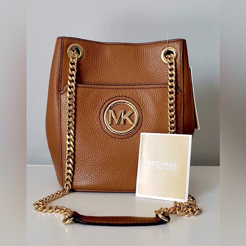 Michael Kors Samira Med Bucket Messenger Bag w/ Goldtone Chain & Leather Handles